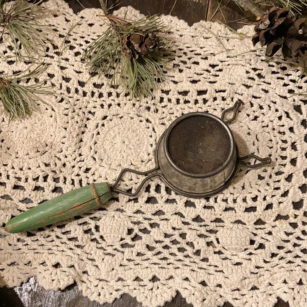 Antique Tea Strainer Wooden Green Handle